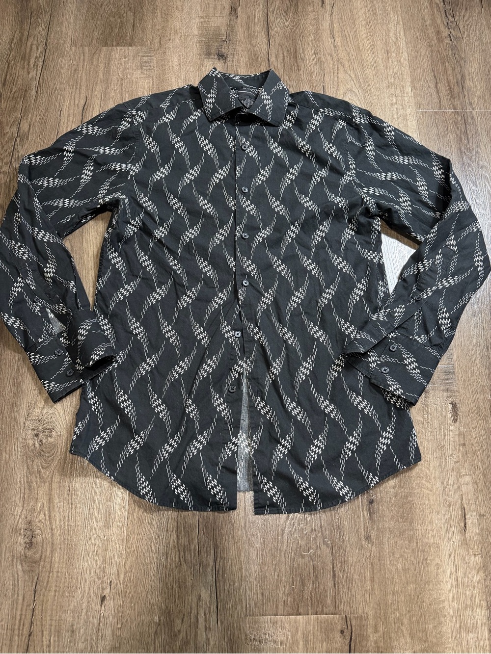 INC International Concepts Black Button-Down Shirt with White Wave Pattern
